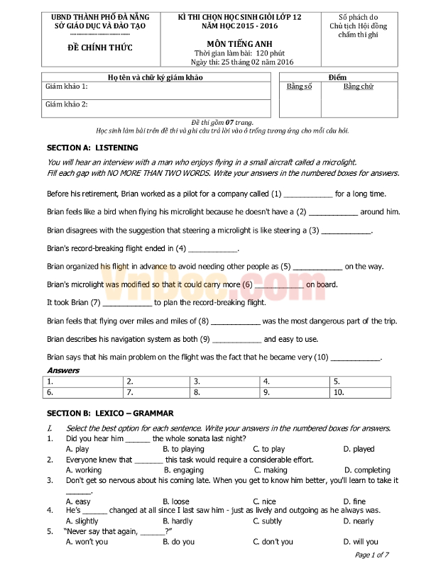 Đề thi học sinh giỏi môn Tiếng Anh lớp 12