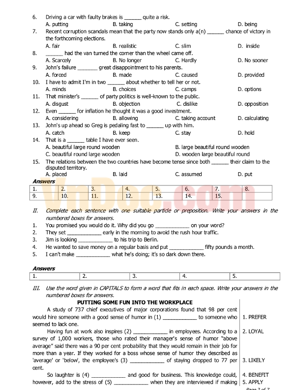 Đề thi học sinh giỏi môn Tiếng Anh lớp 12 có đáp án
