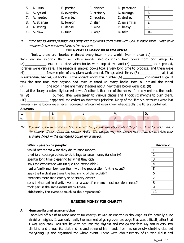 Đề thi chọn học sinh giỏi cấp tỉnh môn Tiếng Anh lớp 12