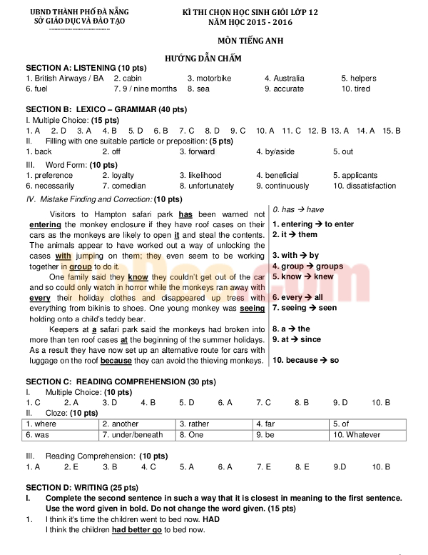 Tổng hợp đề thi học sinh giỏi lớp 12 có đáp án