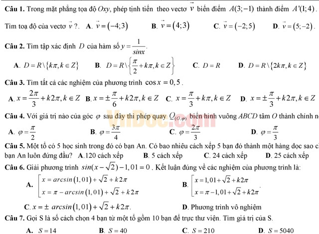 Đề thi học kì 1 môn Toán lớp 11 có đáp án