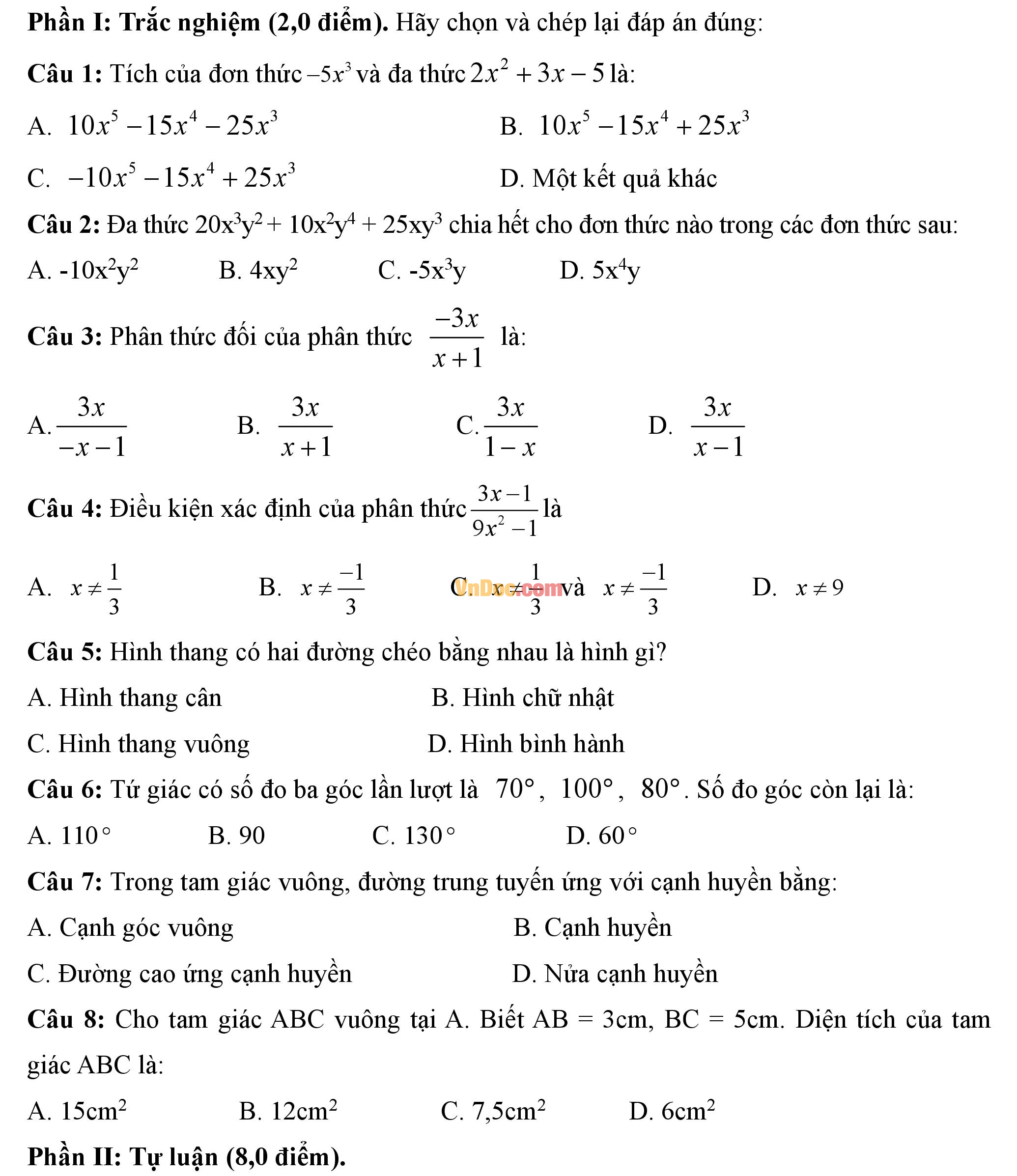 Đề thi hk1 môn Toán lớp 8