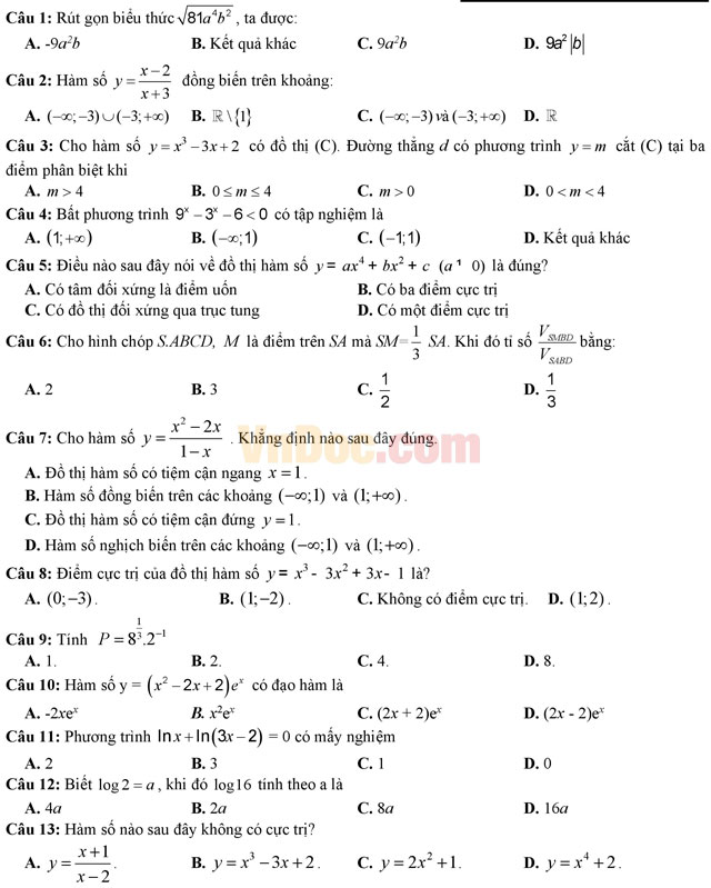 Đề thi học kì 1 môn Toán lớp 12 trường THPT Phan Ngọc Hiển, Cà Mau năm học 2016 - 2017 Đề thi học kì 1 môn Toán lớp 12 có đáp án