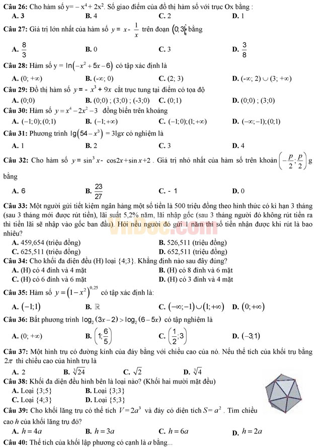 Đề thi học kì 1 môn Toán lớp 12 trường THPT Phan Ngọc Hiển, Cà Mau năm học 2016 - 2017 Đề thi học kì 1 môn Toán lớp 12 có đáp án
