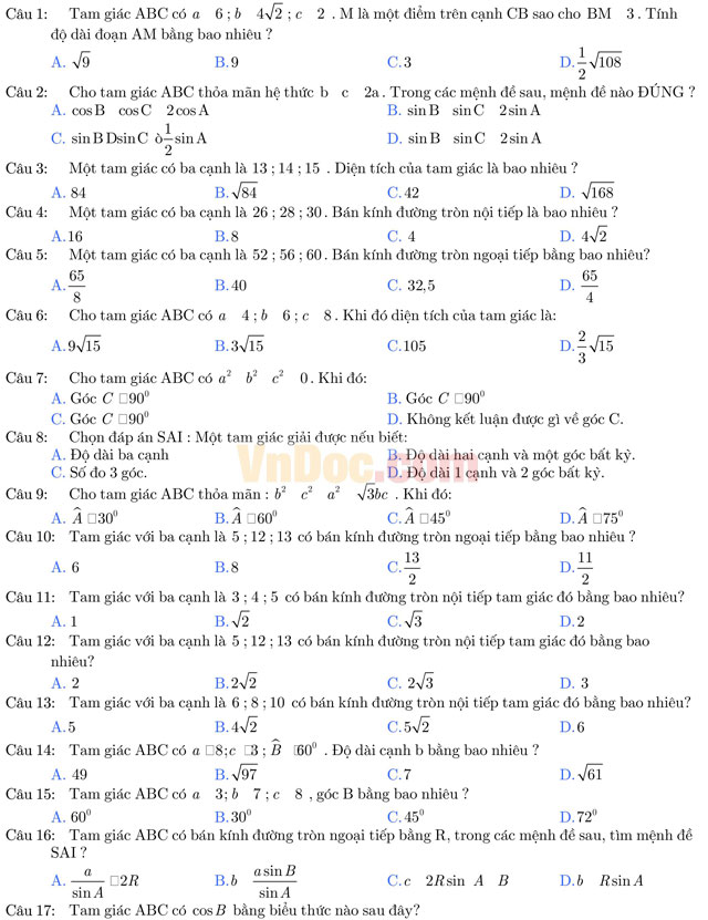 Bài tập trắc nghiệm hệ thức lượng trong tam giác