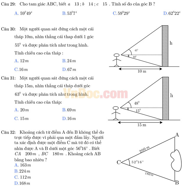 Bài tập trắc nghiệm hệ thức lượng trong tam giác