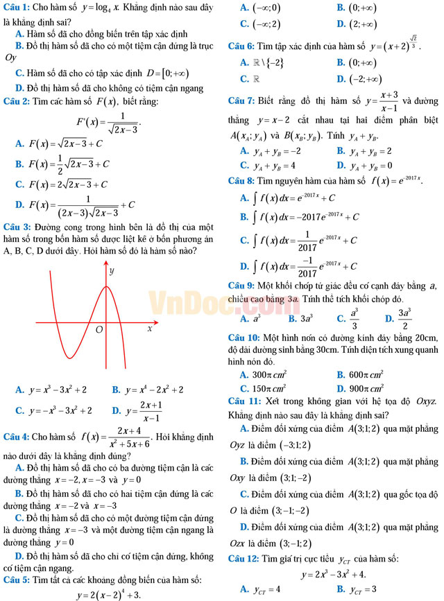 Đề thi thử THPT Quốc gia năm 2017 môn Toán trắc nghiệm trường THPT Chuyên Hạ Long, Quảng Ninh Đề thi thử THPT Quốc gia năm 2017 môn Toán trắc nghiệm có đáp án