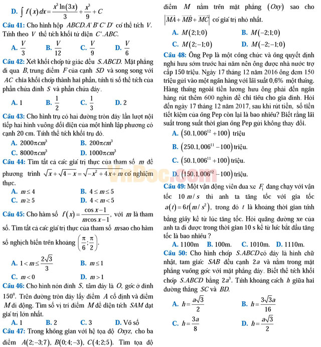 Đề thi thử THPT Quốc gia năm 2017 môn Toán trắc nghiệm trường THPT Chuyên Hạ Long, Quảng Ninh Đề thi thử THPT Quốc gia năm 2017 môn Toán trắc nghiệm có đáp án