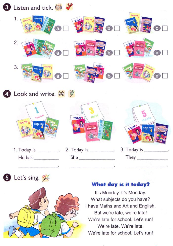 Tiếng anh lớp 4 unit 8 lesson 1 What subjects do you have today?