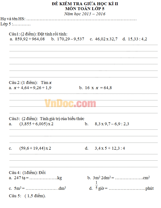 Đề thi giữa học kì 2 môn Toán lớp 5