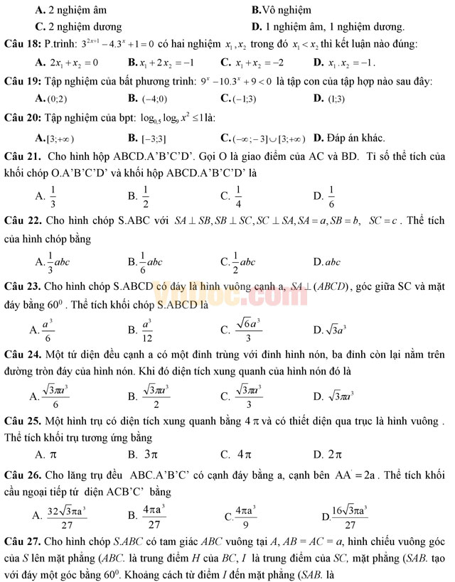 Đề thi thử THPT Quốc gia năm 2017 môn Toán trắc nghiệm có đáp án