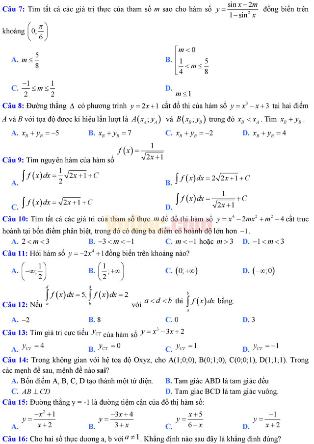 Đề thi thử THPT Quốc gia năm 2017 môn Toán trắc nghiệm có đáp án