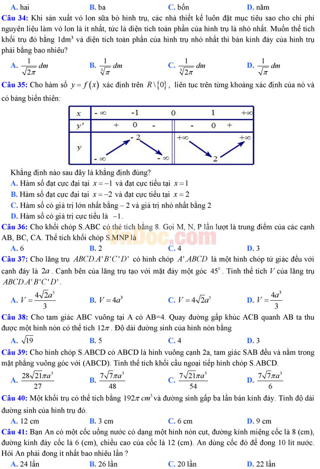 Đề thi thử THPT Quốc gia năm 2017 môn Toán trắc nghiệm có đáp án