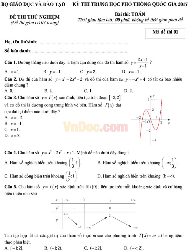 Đề thi thử nghiệm kỳ thi THPT Quốc gia năm 2017 môn Toán