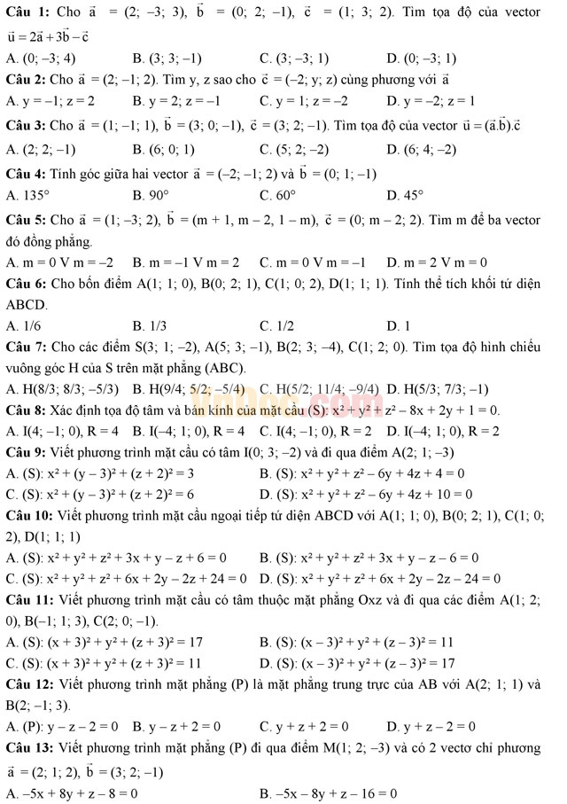 Bài tập trắc nghiệm tọa độ trong không gian (Phần 1)