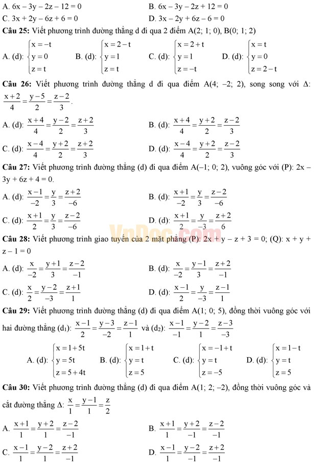 Bài tập trắc nghiệm tọa độ trong không gian (Phần 1)