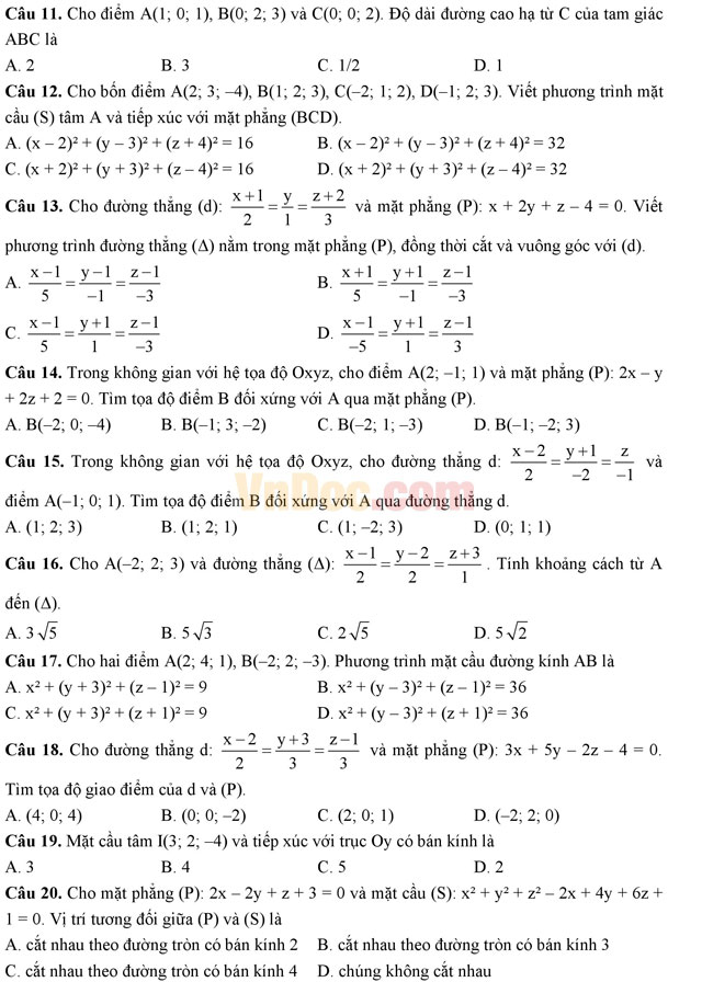 Bài tập trắc nghiệm tọa độ trong không gian (Phần 2)