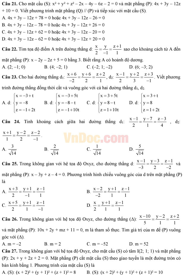 Bài tập trắc nghiệm tọa độ trong không gian (Phần 2)