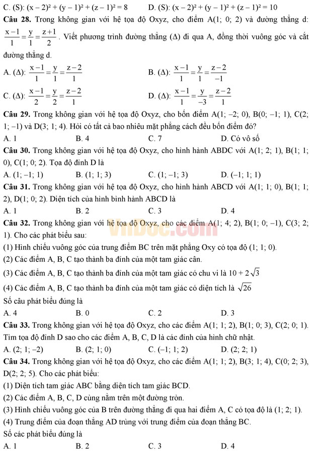 Bài tập trắc nghiệm tọa độ trong không gian (Phần 2)