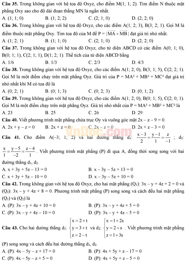 Bài tập trắc nghiệm tọa độ trong không gian (Phần 2)