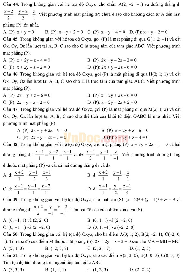 Bài tập trắc nghiệm tọa độ trong không gian (Phần 2)