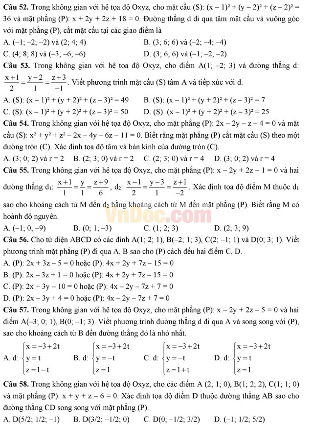 Bài tập trắc nghiệm tọa độ trong không gian (Phần 2)