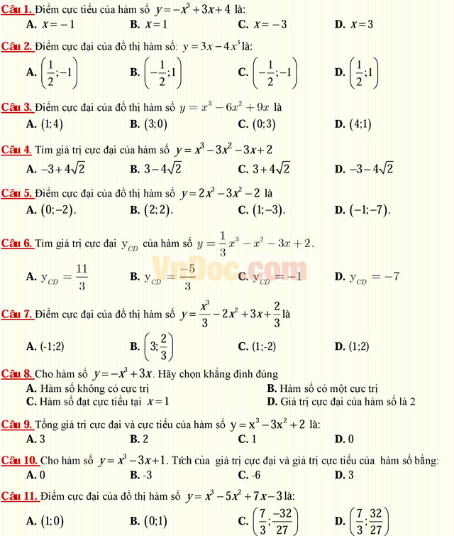 Câu hỏi trắc nghiệm môn Toán lớp 12: Cực trị của hàm số