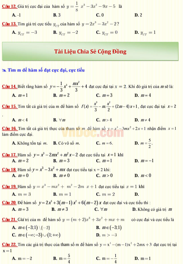 Câu hỏi trắc nghiệm môn Toán lớp 12: Cực trị của hàm số