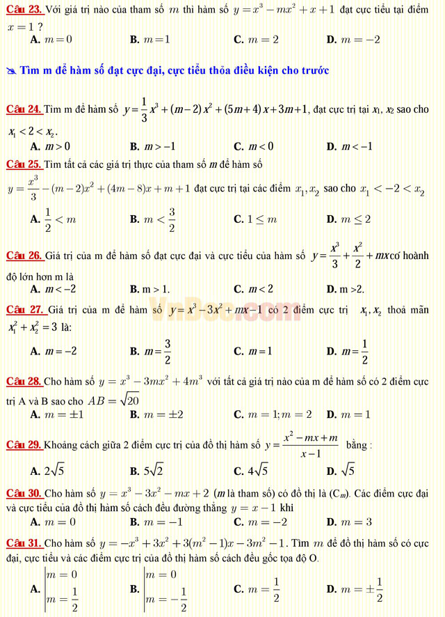 Câu hỏi trắc nghiệm môn Toán lớp 12: Cực trị của hàm số