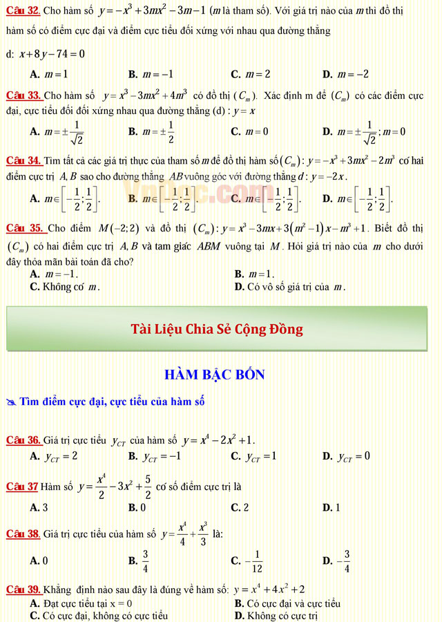 Câu hỏi trắc nghiệm môn Toán lớp 12: Cực trị của hàm số