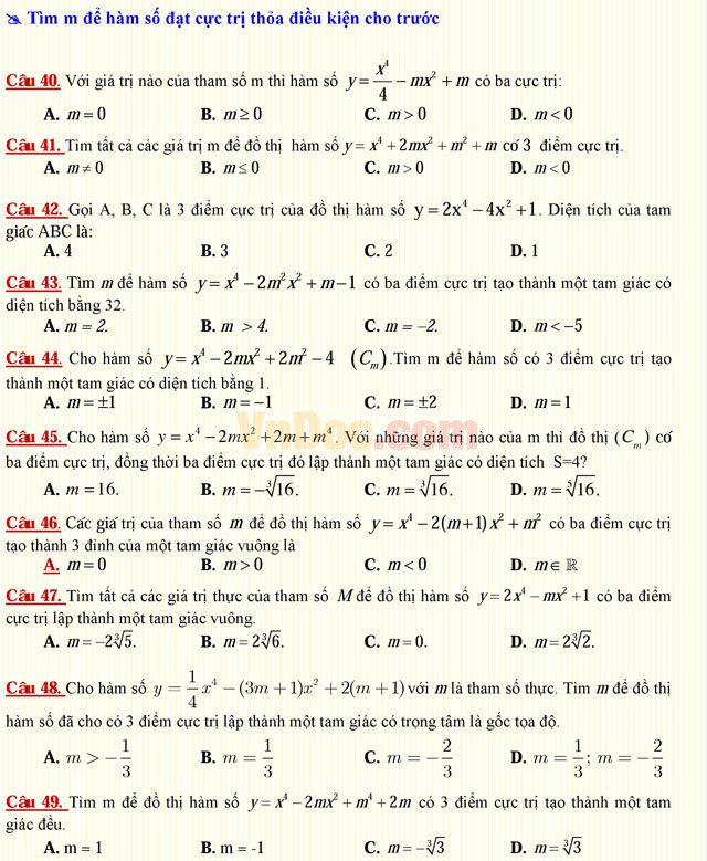 Câu hỏi trắc nghiệm môn Toán lớp 12: Cực trị của hàm số
