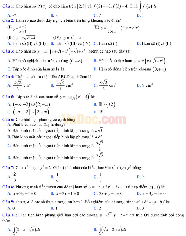 Đề thi thử THPT Quốc gia năm 2017 môn Toán trắc nghiệm có đáp án