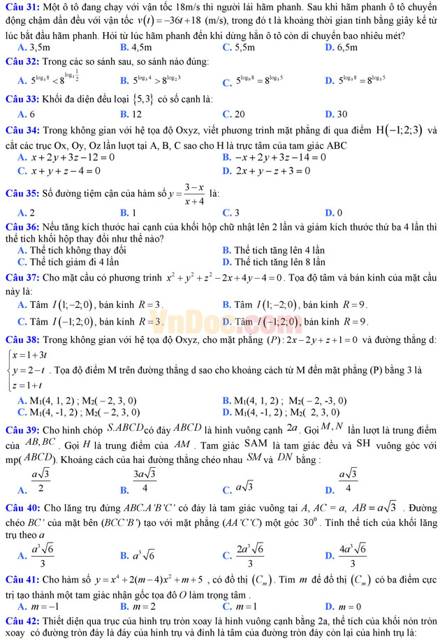 Đề thi thử THPT Quốc gia năm 2017 môn Toán trắc nghiệm có đáp án