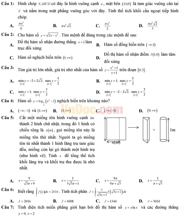 Đề thi thử THPT Quốc gia năm 2017 môn Toán trắc nghiệm có đáp án