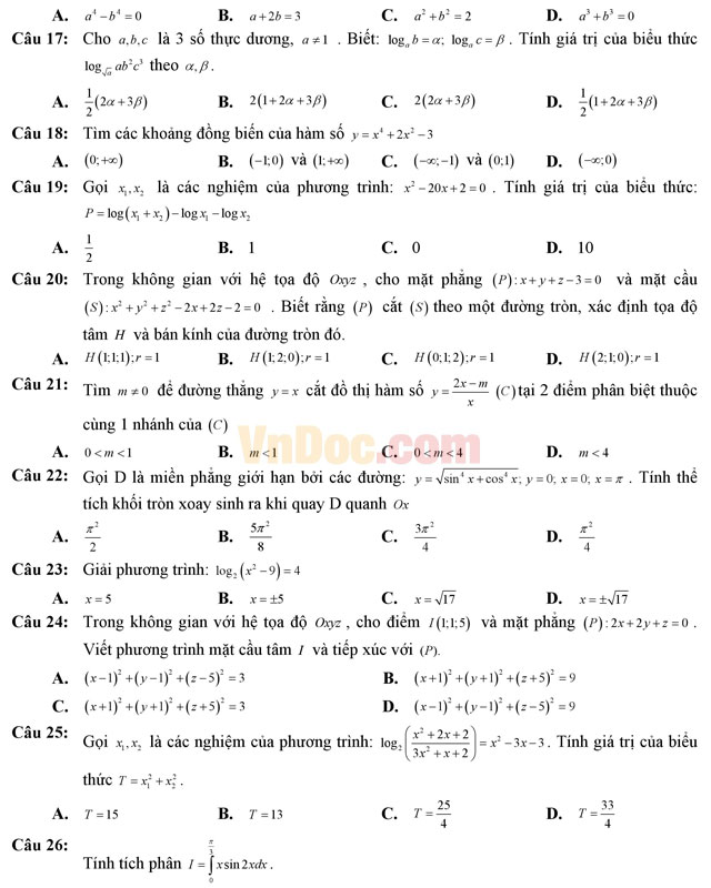 Đề thi thử THPT Quốc gia năm 2017 môn Toán trắc nghiệm có đáp án