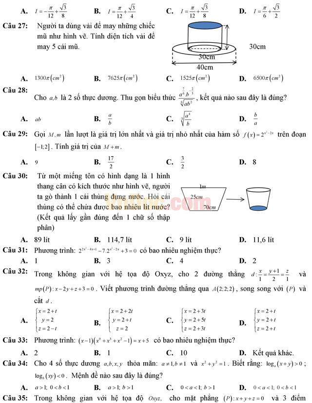 Đề thi thử THPT Quốc gia năm 2017 môn Toán trắc nghiệm có đáp án