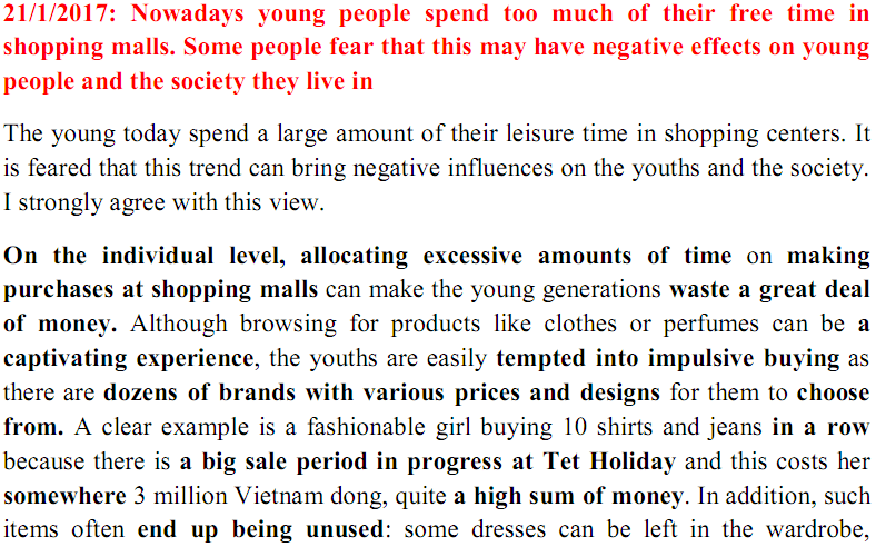 Đề thi và bài mẫu IELTS Writing Task 2 ngày 21/1/2017