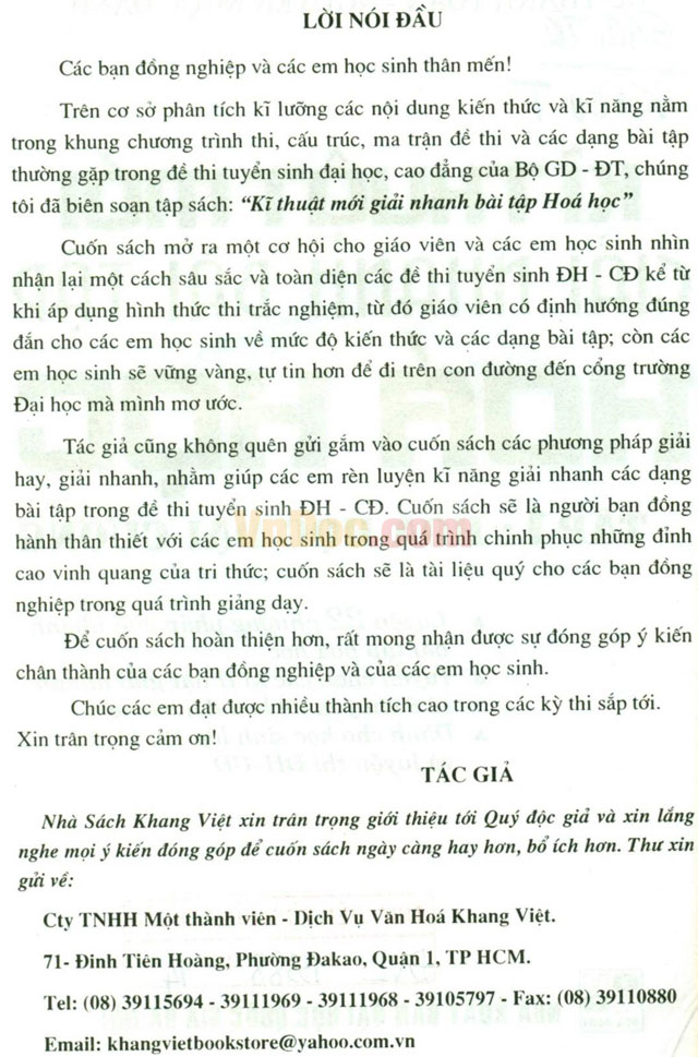 Kỹ thuật mới giải nhanh bài tập hóa học - Tập 1: Hóa học đại cương Kỹ thuật mới giải nhanh bài tập hóa học - Tập 1: Hóa học đại cương