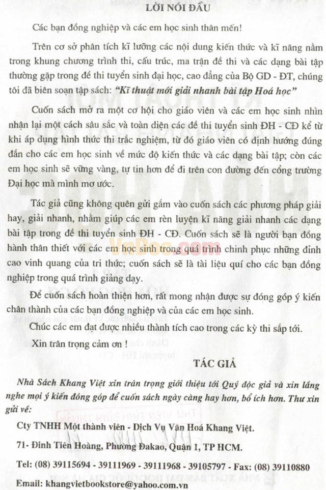 Kỹ thuật mới giải nhanh bài tập hóa học - Tập 2: Hóa học vô cơ Kỹ thuật mới giải nhanh bài tập hóa học - Tập 2: Hóa học vô cơ