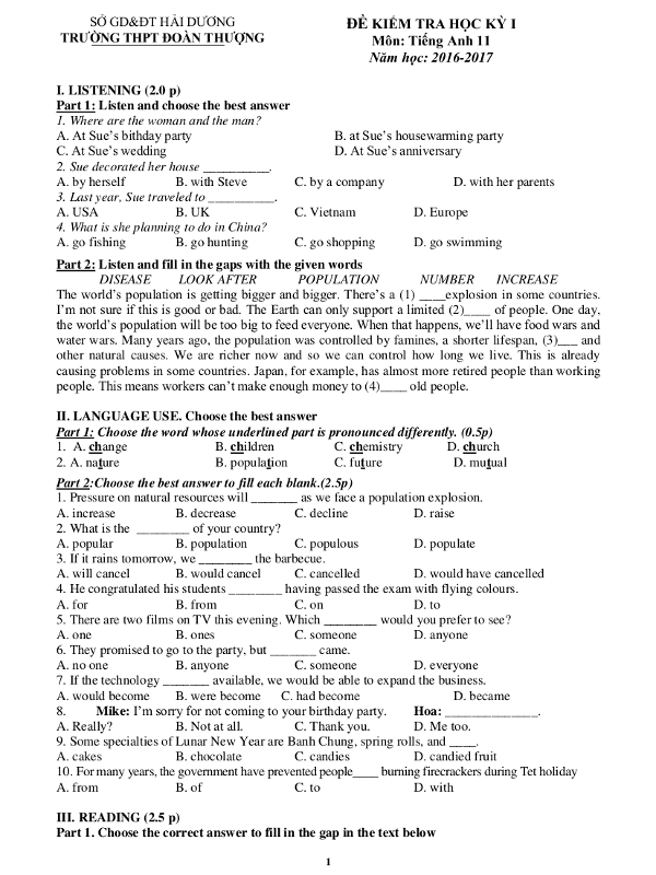 Đề thi học kỳ 1 môn tiếng Anh lớp 11 trường THPT Đoàn Thượng, Hải Dương năm học 2016 - 2017 có đáp án