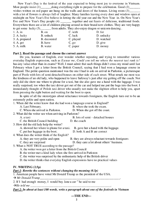 Đề thi học kỳ 1 môn tiếng Anh lớp 11 trường THPT Đoàn Thượng