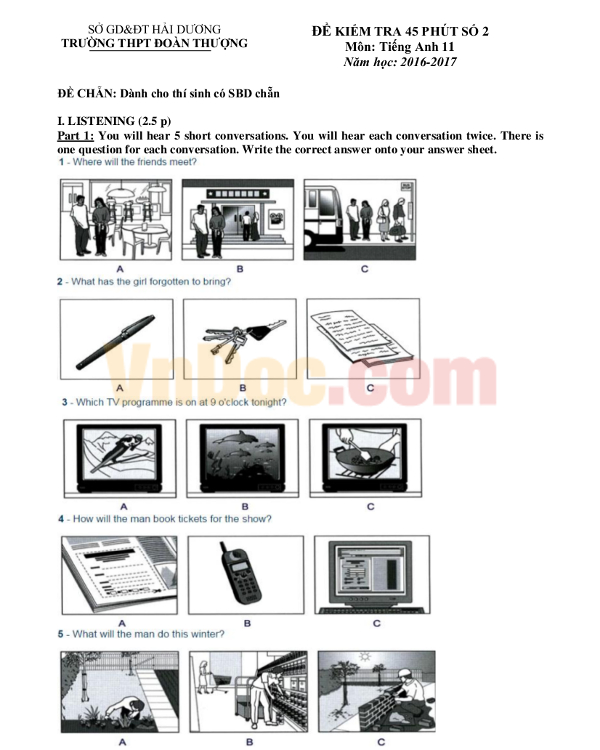 Đề kiểm tra 1 tiết môn Tiếng Anh 11 có đáp án Đề kiểm tra 1 tiết môn Tiếng Anh 11