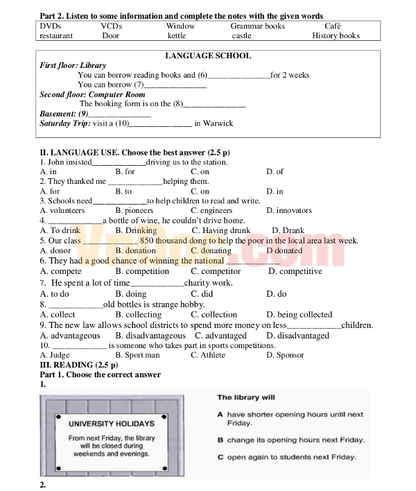 Đề kiểm tra 1 tiết lớp 11 môn Tiếng Anh năm 2016 Đề kiểm tra 1 tiết môn Tiếng Anh 11 có đáp án