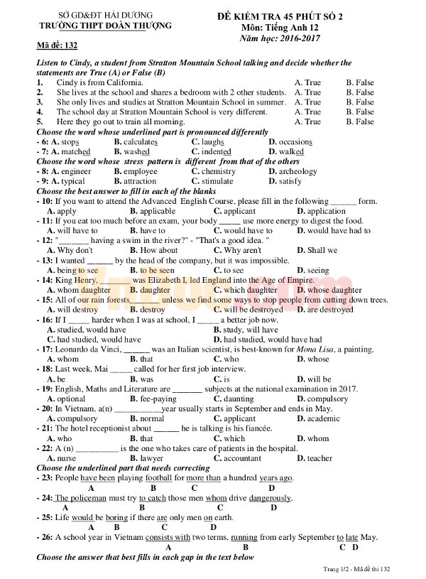 Bộ đề kiểm tra 1 tiết môn Tiếng Anh lớp 12 
