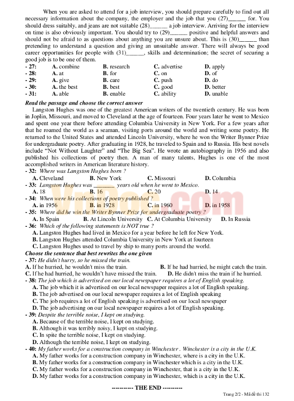 Bộ đề kiểm tra 1 tiết môn Tiếng Anh lớp 12 có đáp án