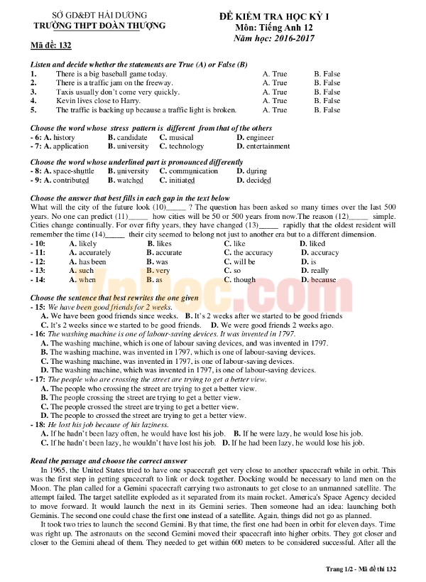 Đề kiểm tra 1 tiết lớp 12 môn Tiếng Anh năm 2016