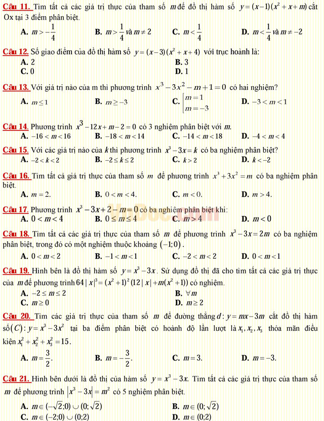 Câu hỏi trắc nghiệm môn Toán lớp 12: Bài toán tương giao Câu hỏi trắc nghiệm môn Toán lớp 12: Bài toán tương giao
