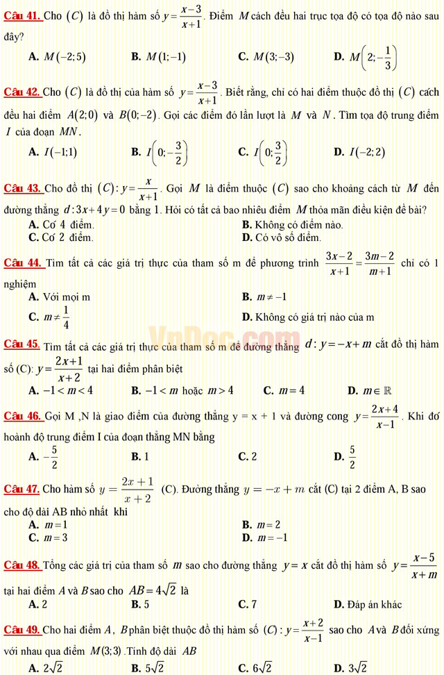 Câu hỏi trắc nghiệm môn Toán lớp 12: Bài toán tương giao Câu hỏi trắc nghiệm môn Toán lớp 12: Bài toán tương giao