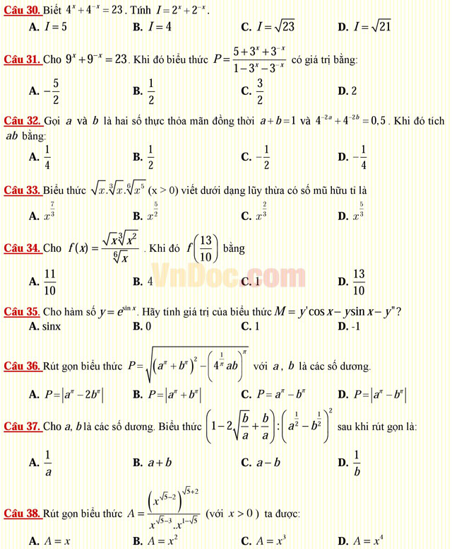 Câu hỏi trắc nghiệm môn Toán lớp 12: Hàm số lũy thừa - Hàm số mũ