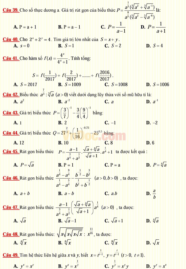 Câu hỏi trắc nghiệm môn Toán lớp 12: Hàm số lũy thừa - Hàm số mũ
